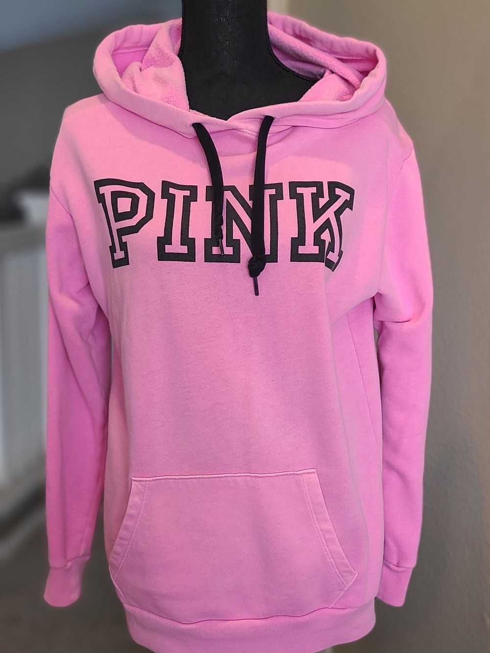 PINK Victoria's Secret Bubblegum Pink Pullover Hoodie with Black Drawstrings - Picture 2 of 5